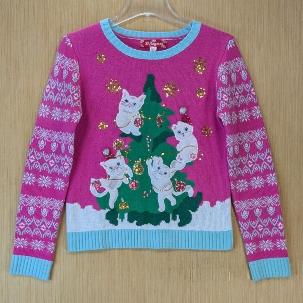 33 Degrees Girls Cat Christmas Tree Ugly Holiday Sweater Size L Pink Novelty